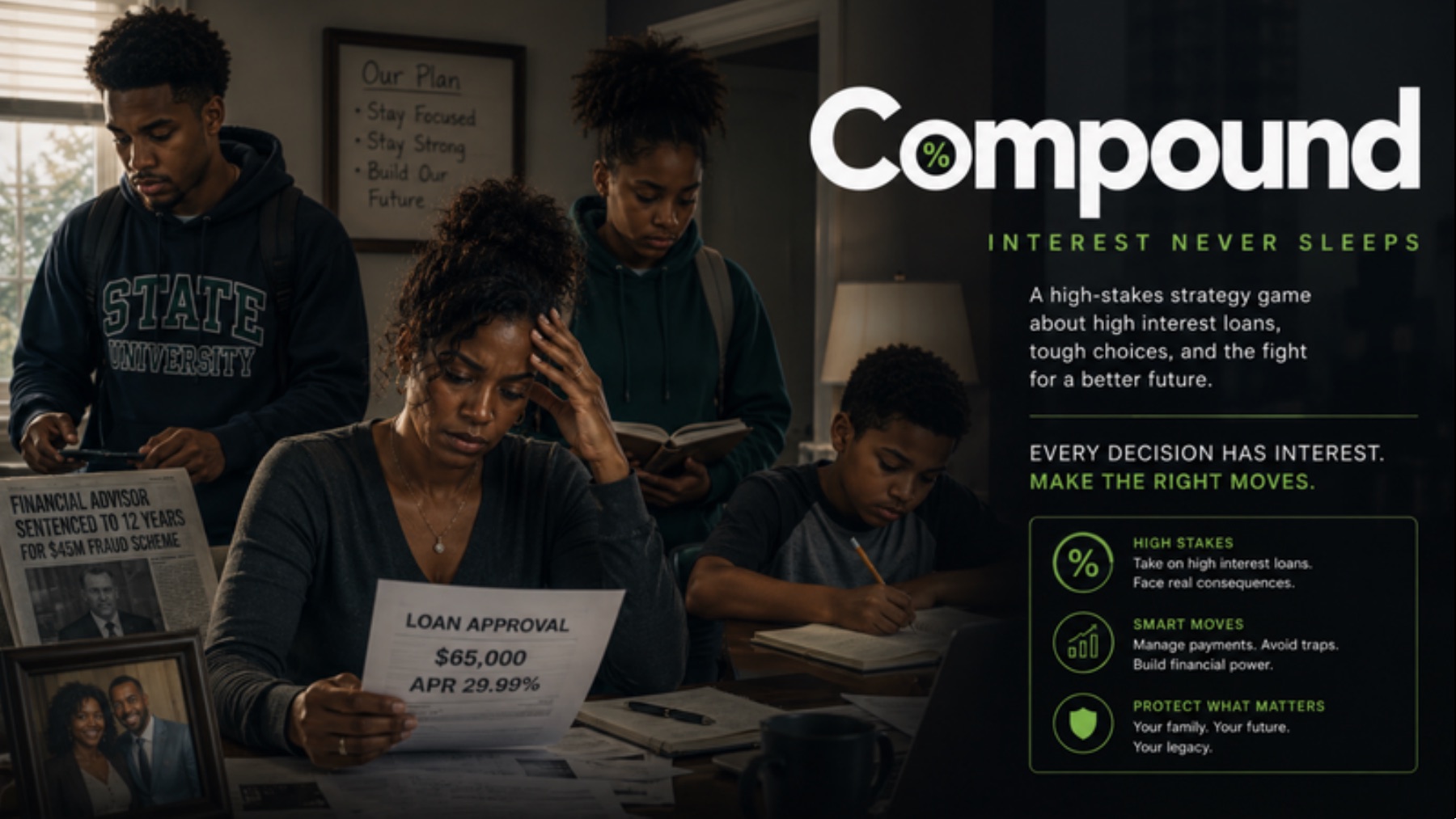 Compound key art: a family at a kitchen table with a loan approval letter