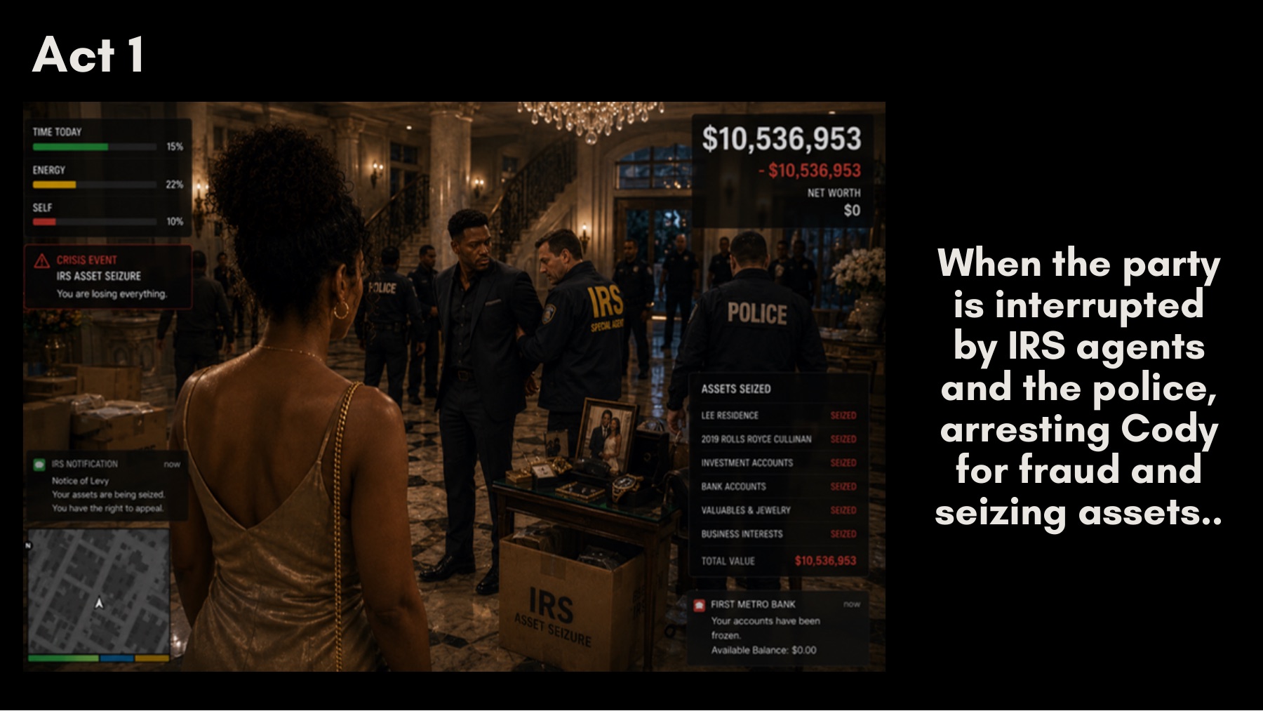Act 1: police and IRS agents arrive at the party
