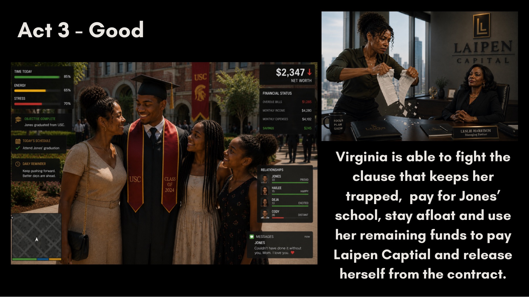 Good ending: Virginia frees herself from the contract and her son graduates