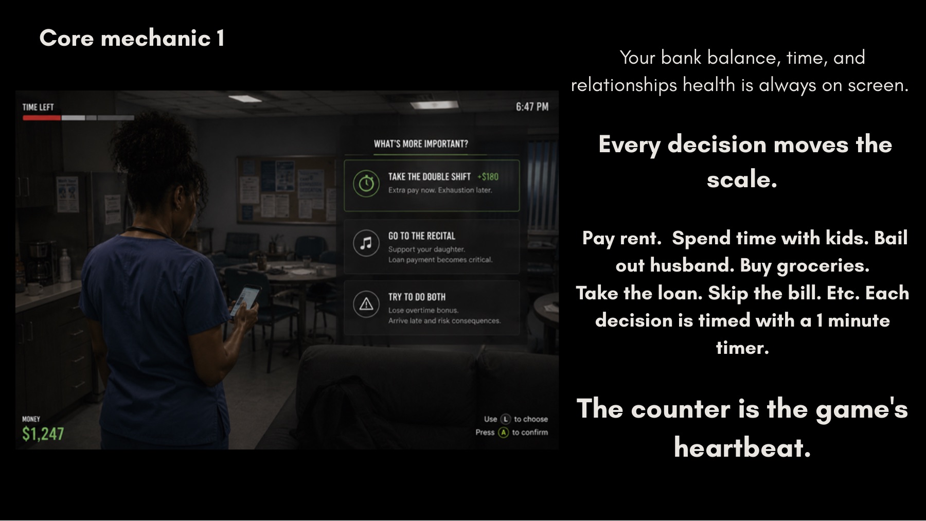 Gameplay: a timed decision with the balance and timer on screen