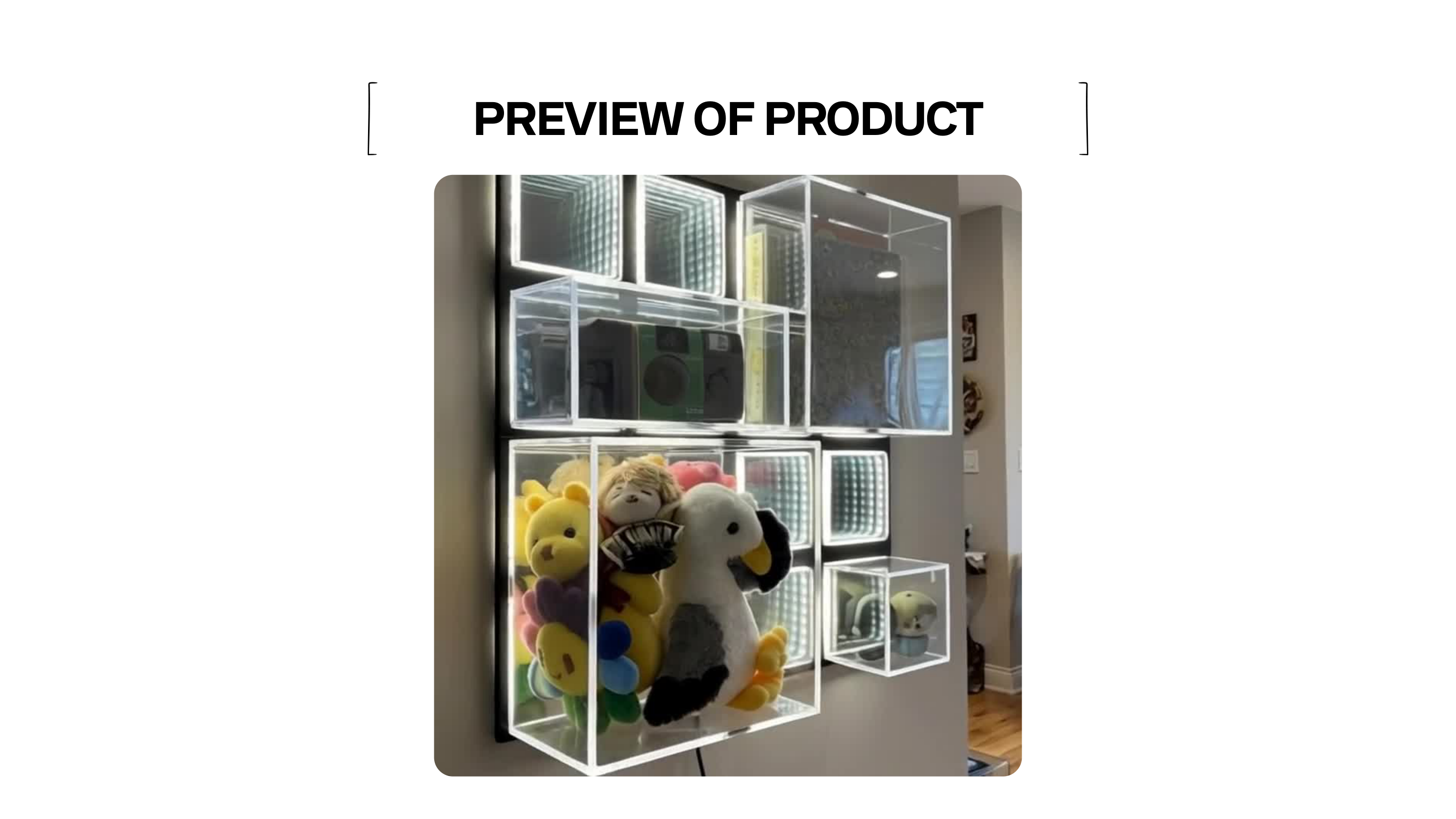 Cubos cubes mounted on a wall holding plush collectibles