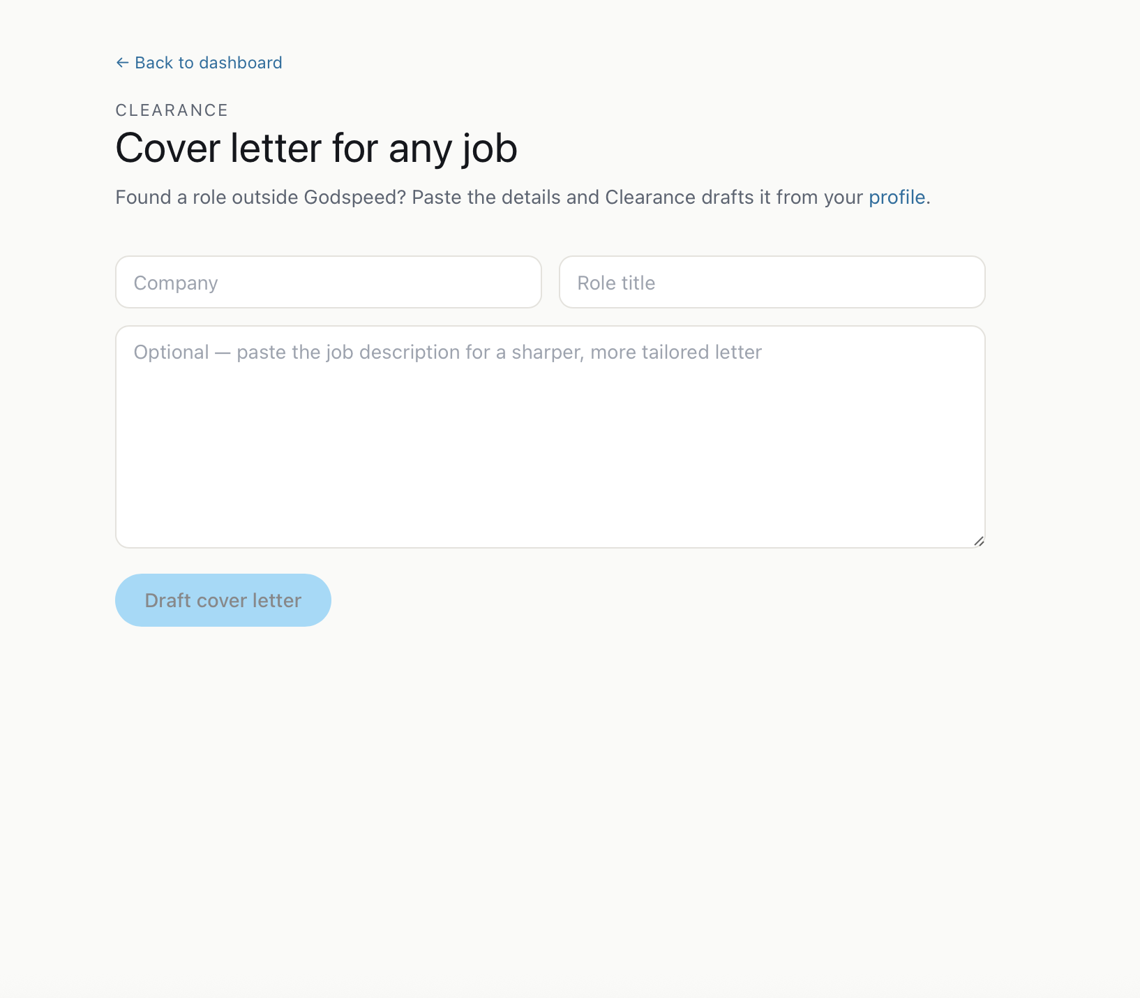 Clearance cover letter generator with company, role, and job description fields