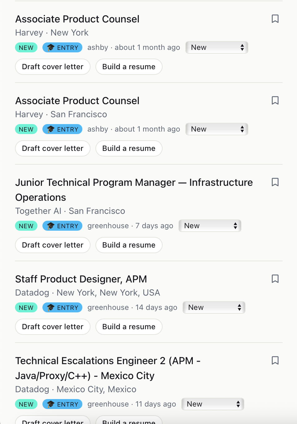 Godspeed job feed showing live postings with draft cover letter and build resume actions
