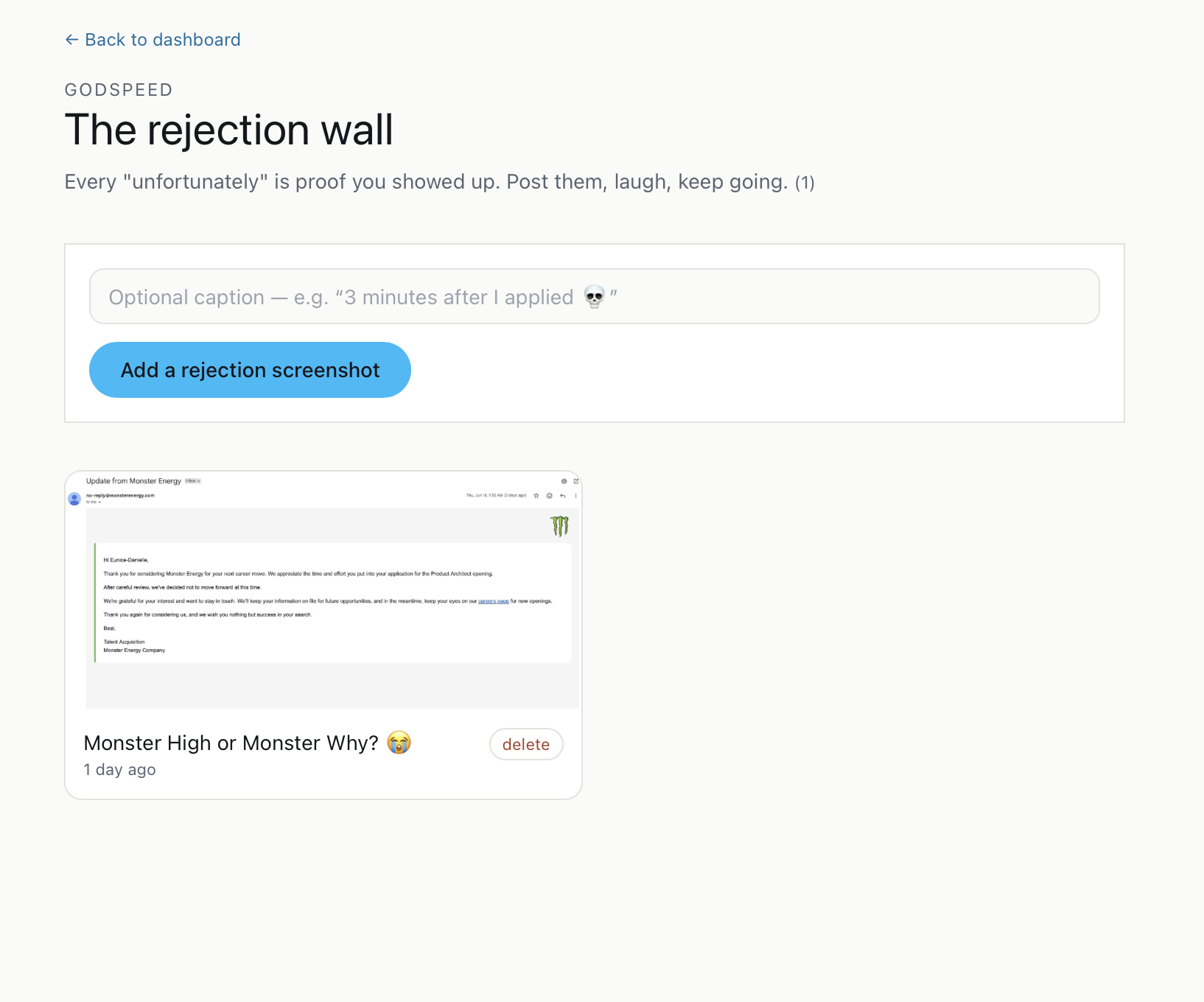 The rejection wall where rejection screenshots are posted with captions
