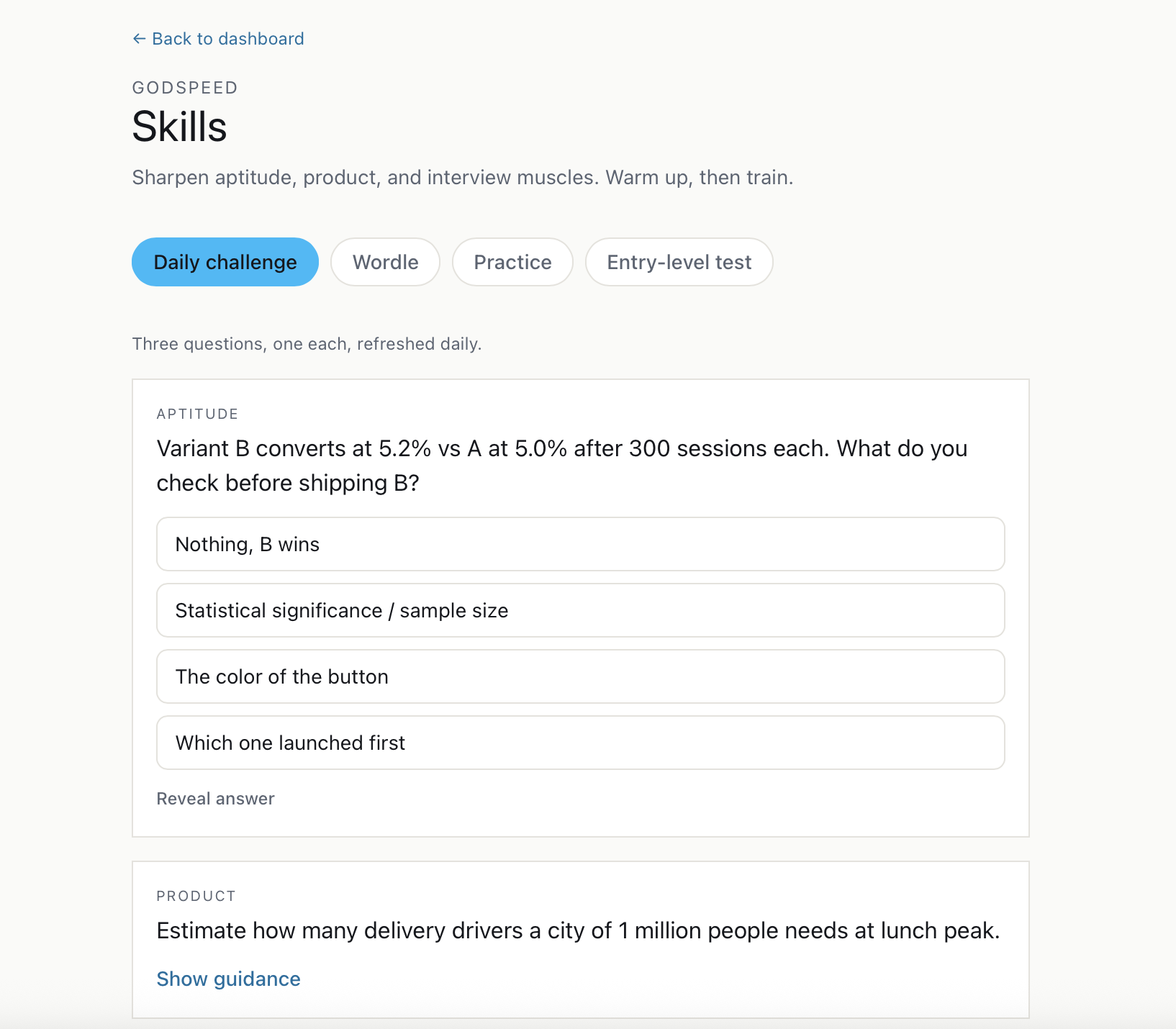Skills board daily challenge with aptitude and product questions