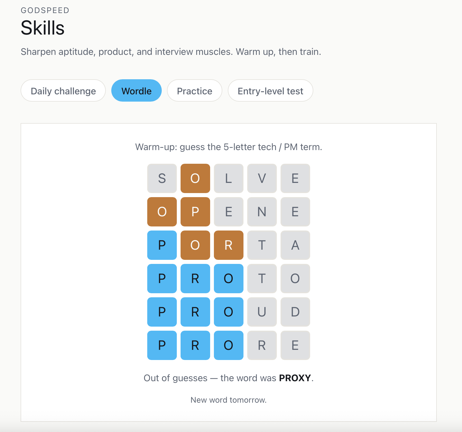 Skills board word game warm-up guessing a five-letter product term