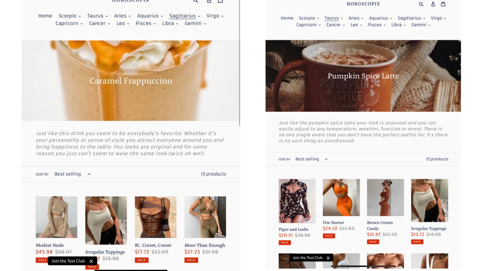 Horoscopix storefront: clothing collections themed around favorite drinks