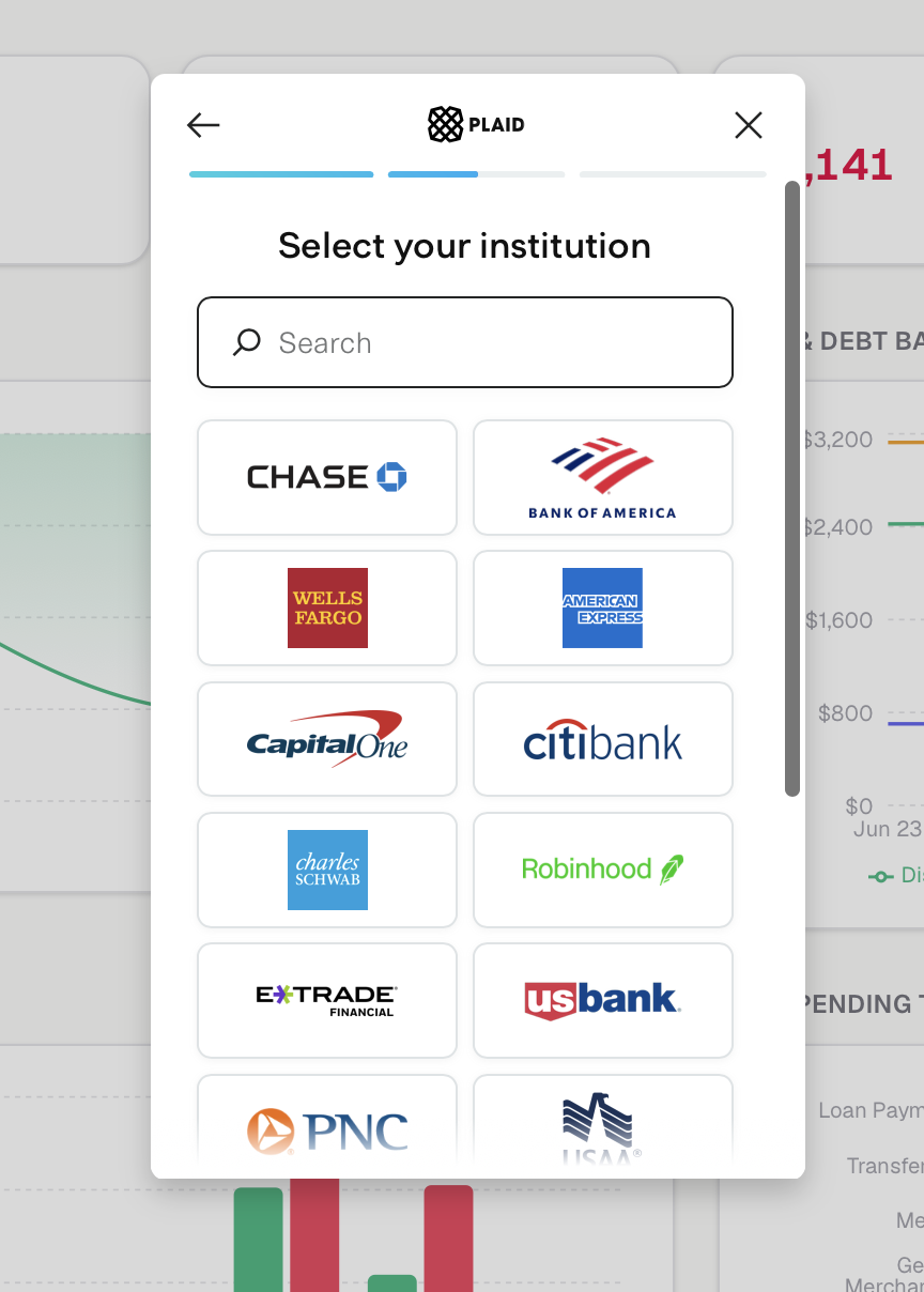 Prosper connecting a bank account through Plaid, with major banks to choose from