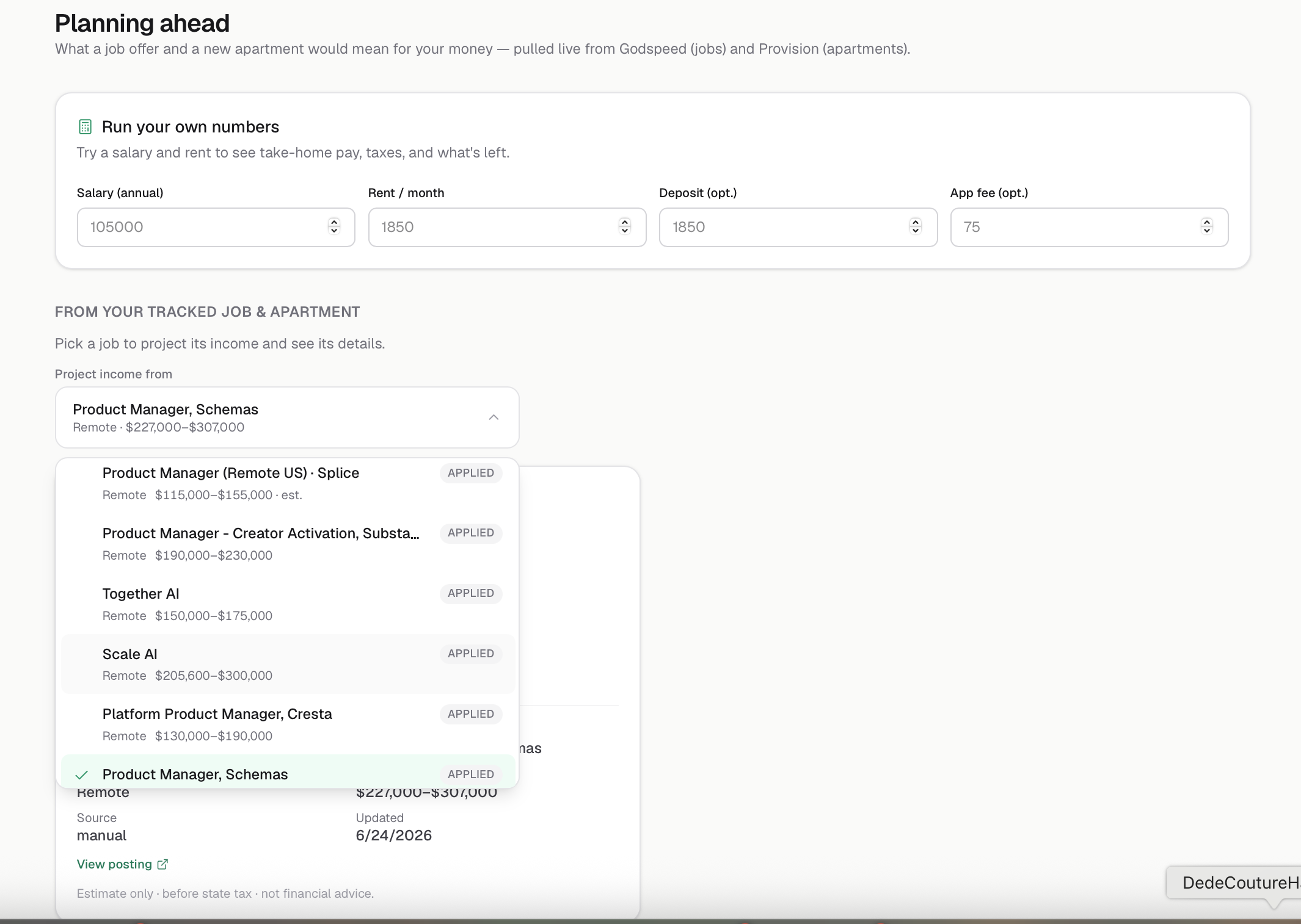 Planning view running take-home pay against rent, pulling job and apartment data from the other apps