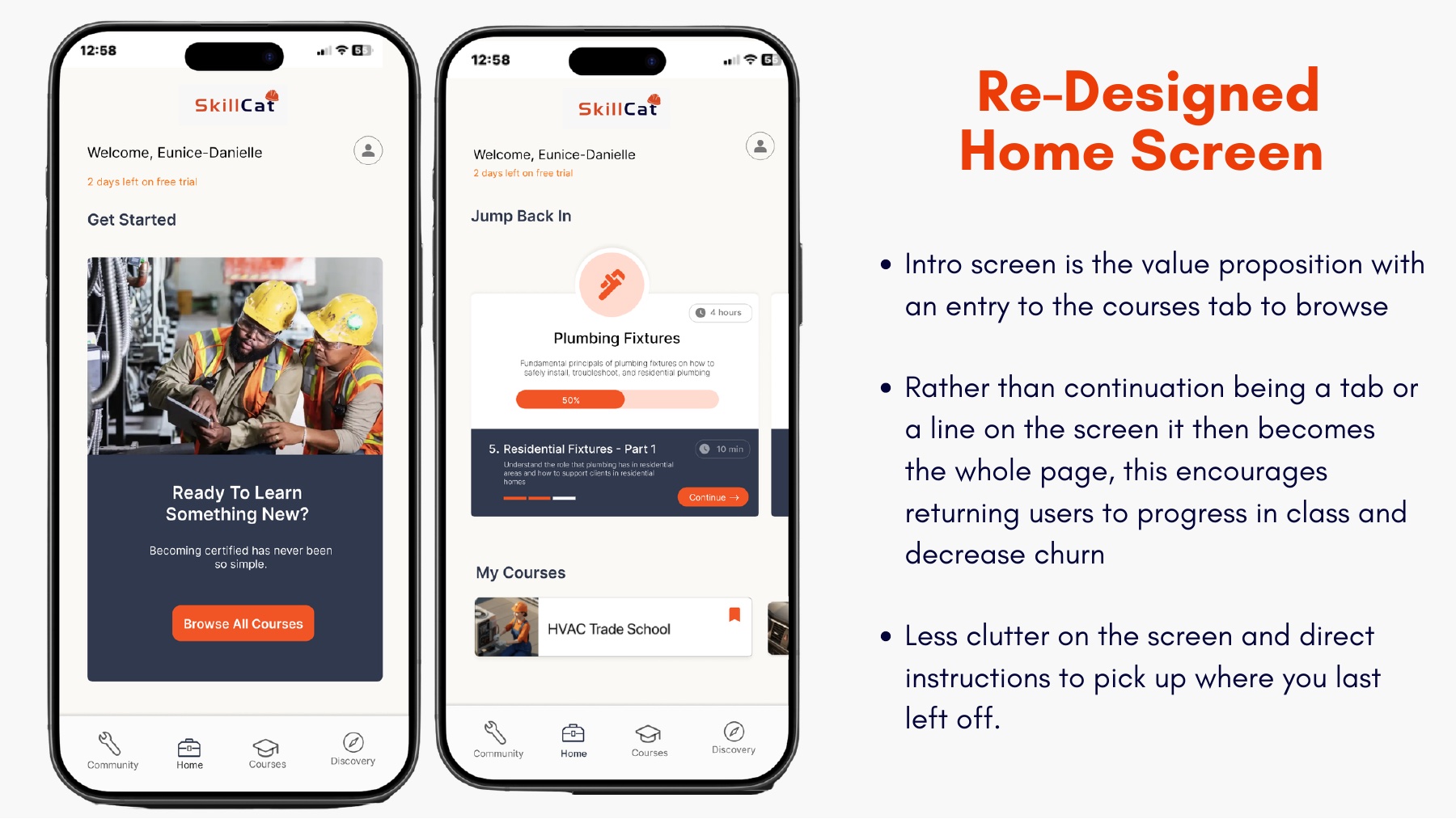The redesigned SkillCat home screen centered on resuming training