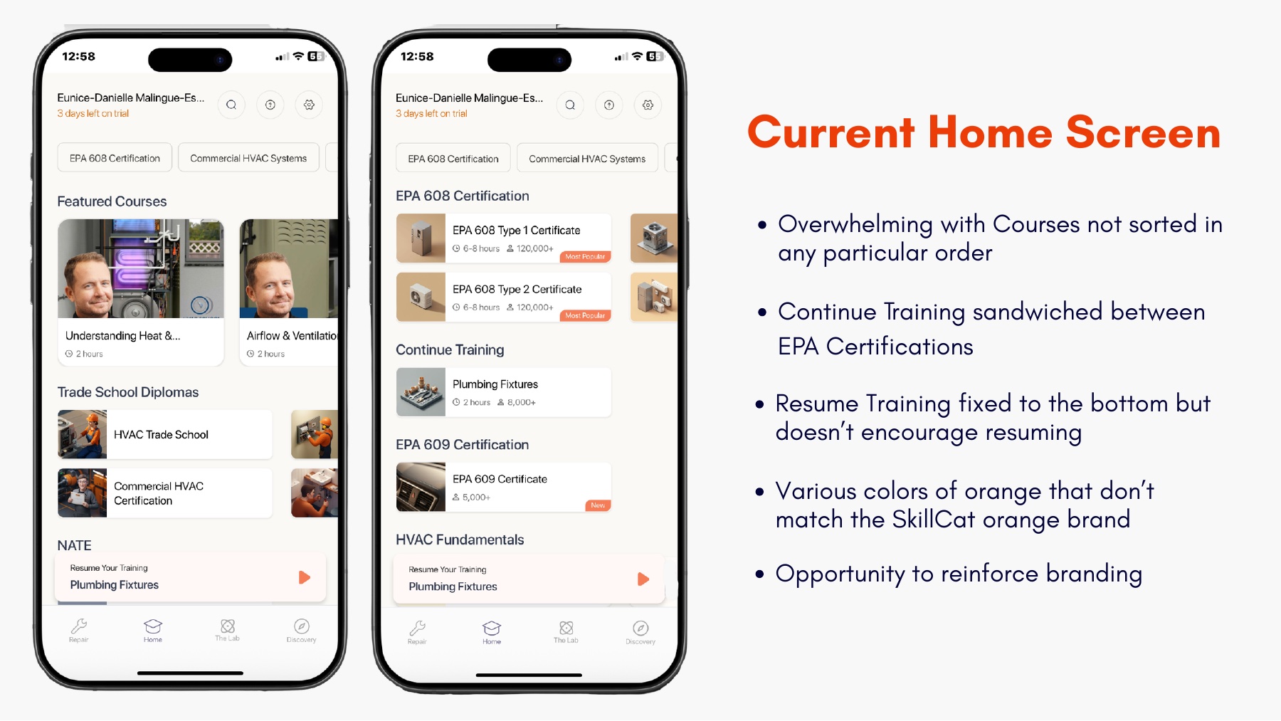 The current SkillCat home screen with an unsorted, cluttered course list