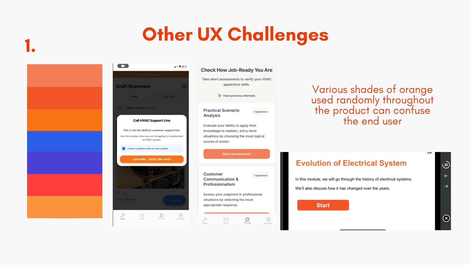 UX challenge: inconsistent orange shades and confusing tabs